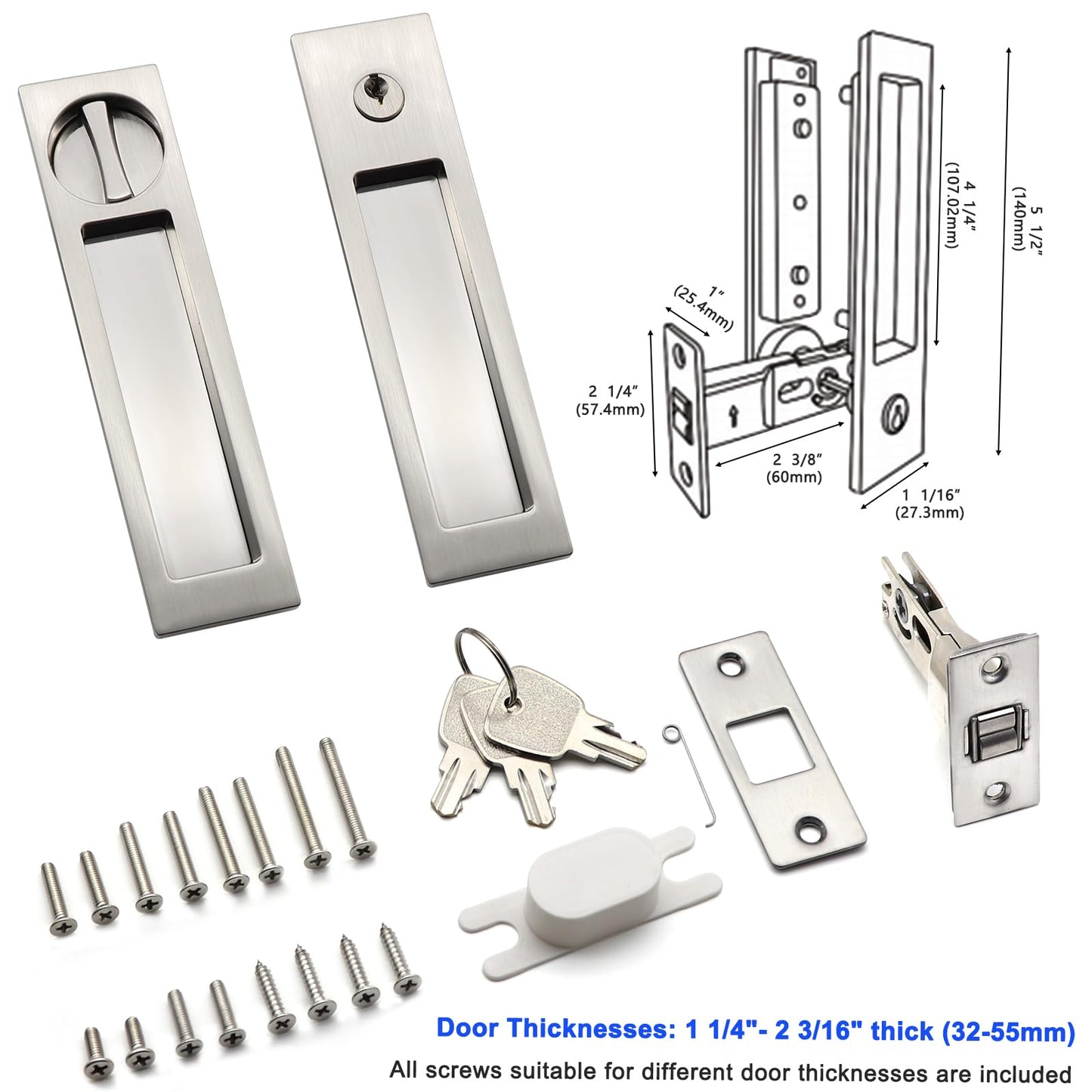 Dontay 2 Pack Pocket Door Handle with Lock and Edge Pull, Narrow Modern Rectangular Keyed Entry Function, Recessed Sliding Door Hardware for 1 3/8” to 2 3/16” Thickness Door (2, Brushed Nickel)