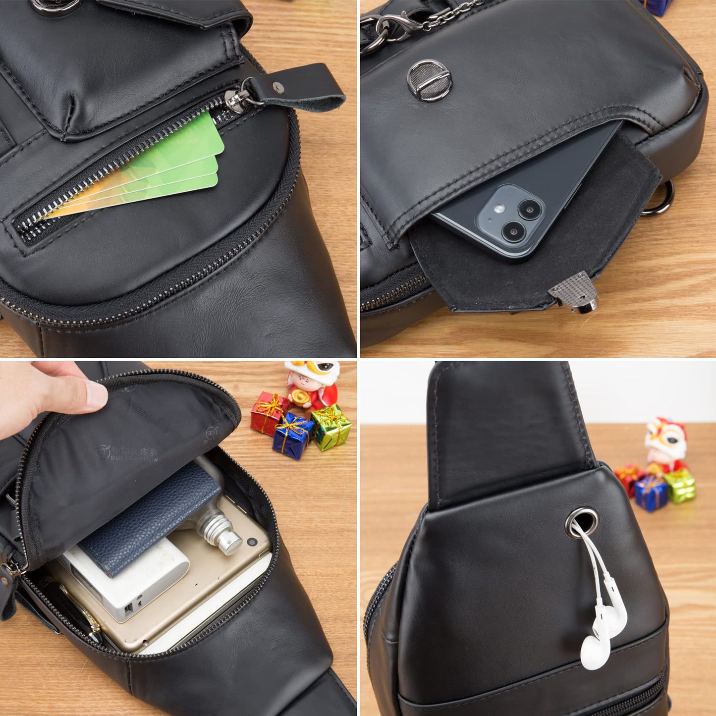 Leather Sling Bag Multipurpose Daypack for Men Women Outdoor Travel Camping Hiking Crossbody Shoulder Chest Pack (Black)