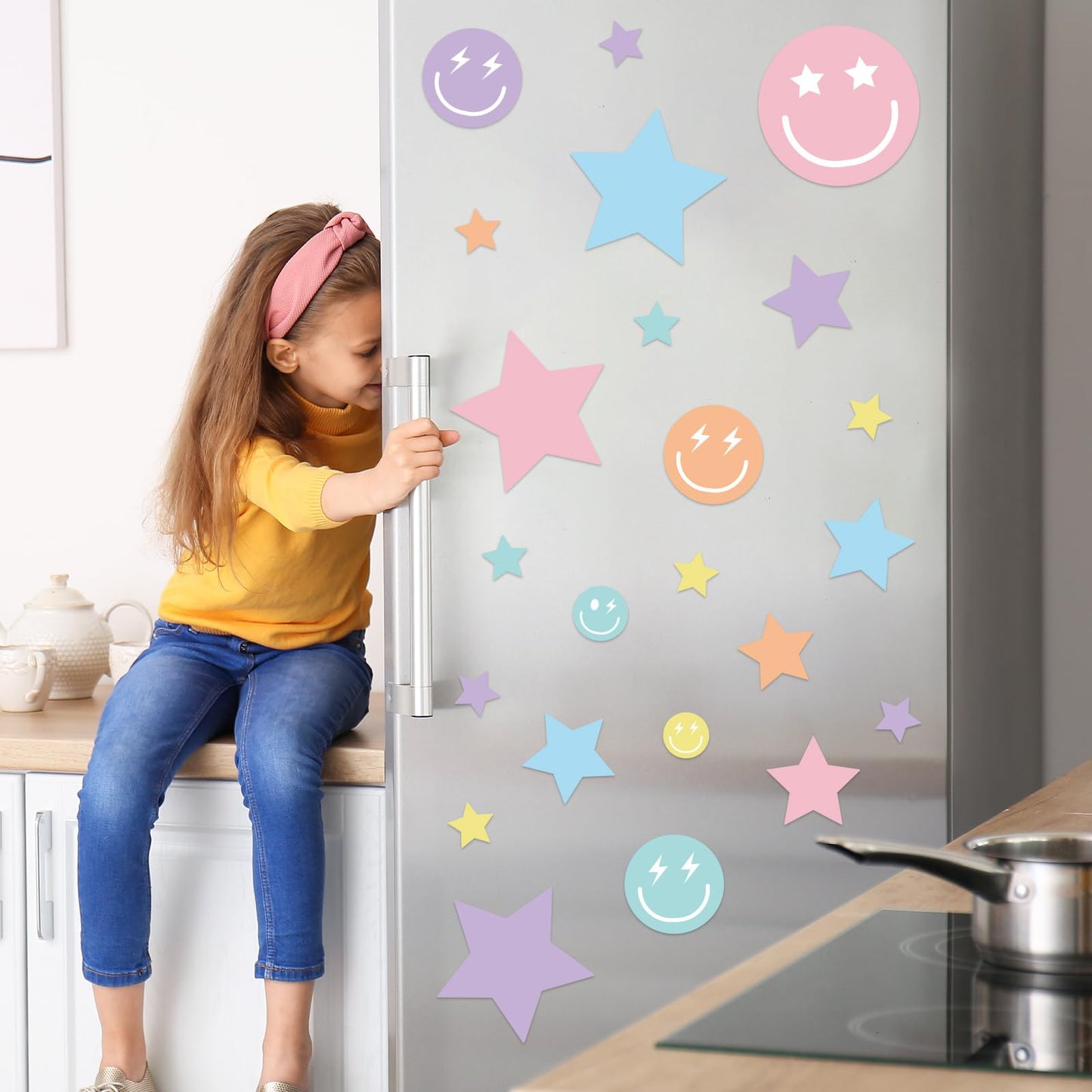 Whaline 12 Sheets Preppy Wall Stickers Pastel Smile Face Star Wall Decals Aesthetic Room Mural Stickers for Party Home Nursery, 7.9 x 11.8 Inch