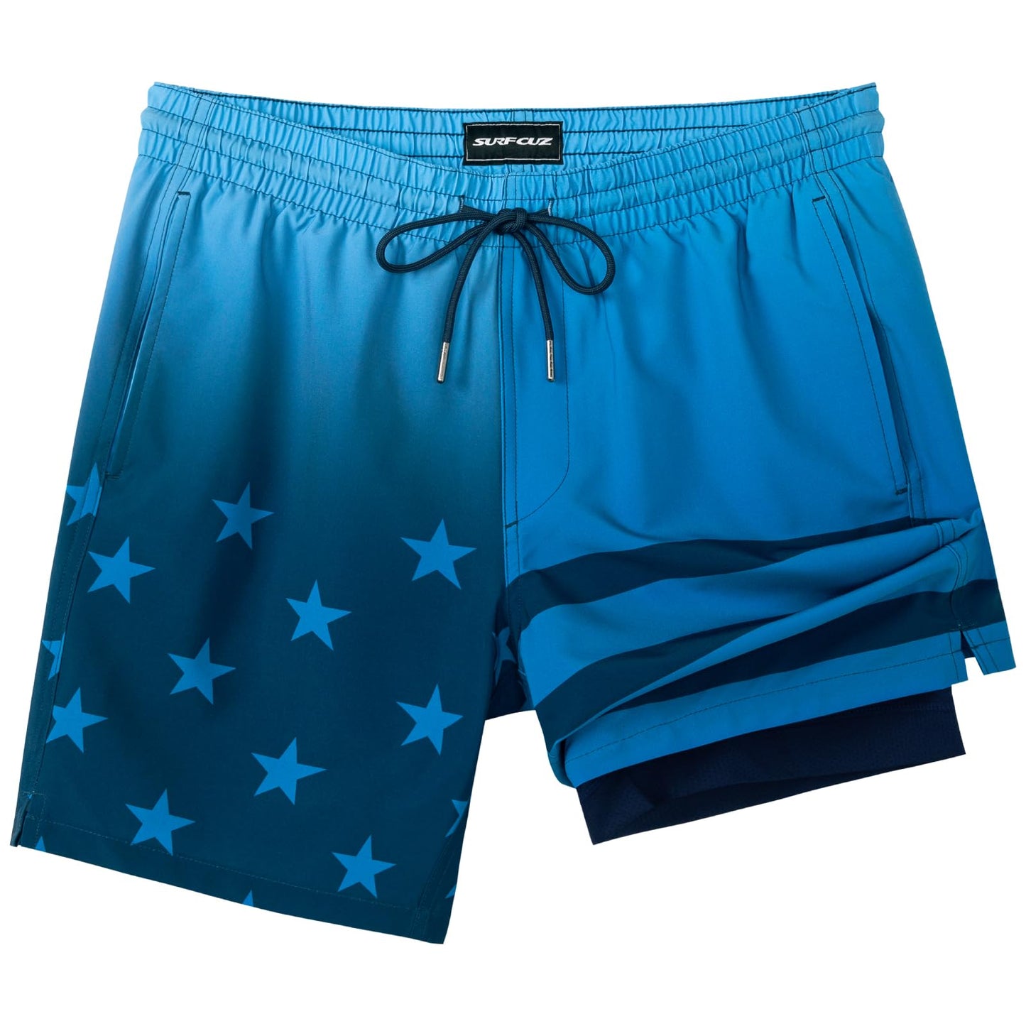 SURF CUZ Mens Swim Trunks with Compression Liner Quick Dry Swim Shorts 7" Swimming Trunks Stretch Zipper Pockets Blue Gradient Flag XS
