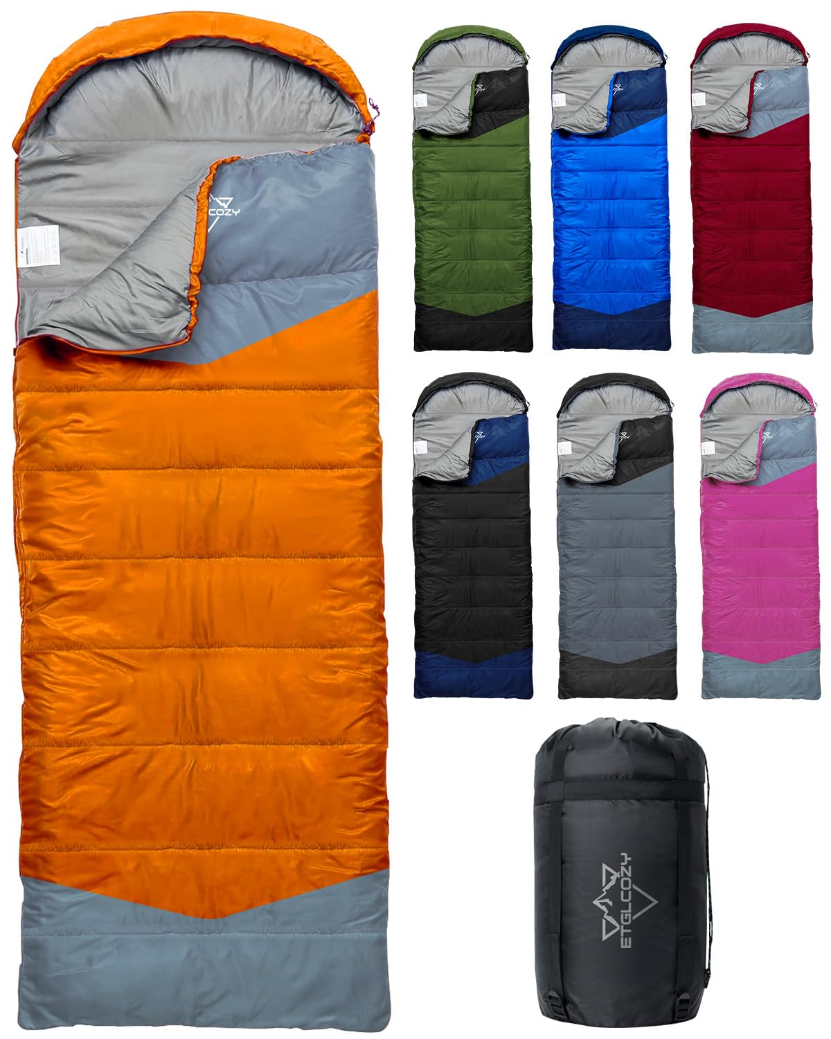 ETGLCOZY Lightweight 3-Season Sleeping Bag for Adults/Kids Camping, Compact w/Compression Sack, Waterproof Ripstop, Portable for Backpacking Hiking Travel, 50-80°F, Orange