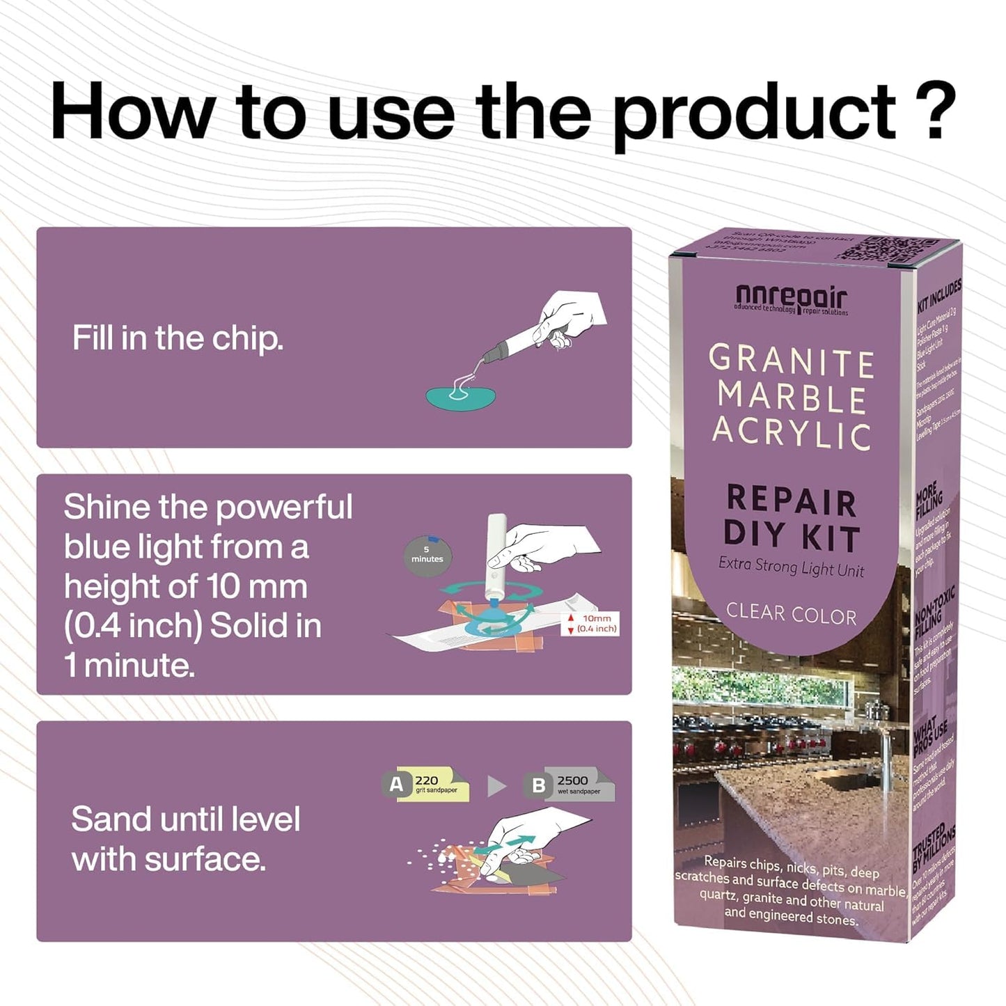 Granite, Marble and Acrylic Repair Kit (Clear/Transparent) - Fix Your Defects Like a Pro I Suitable for Most Repairs I Fix Broken Chips in Minutes