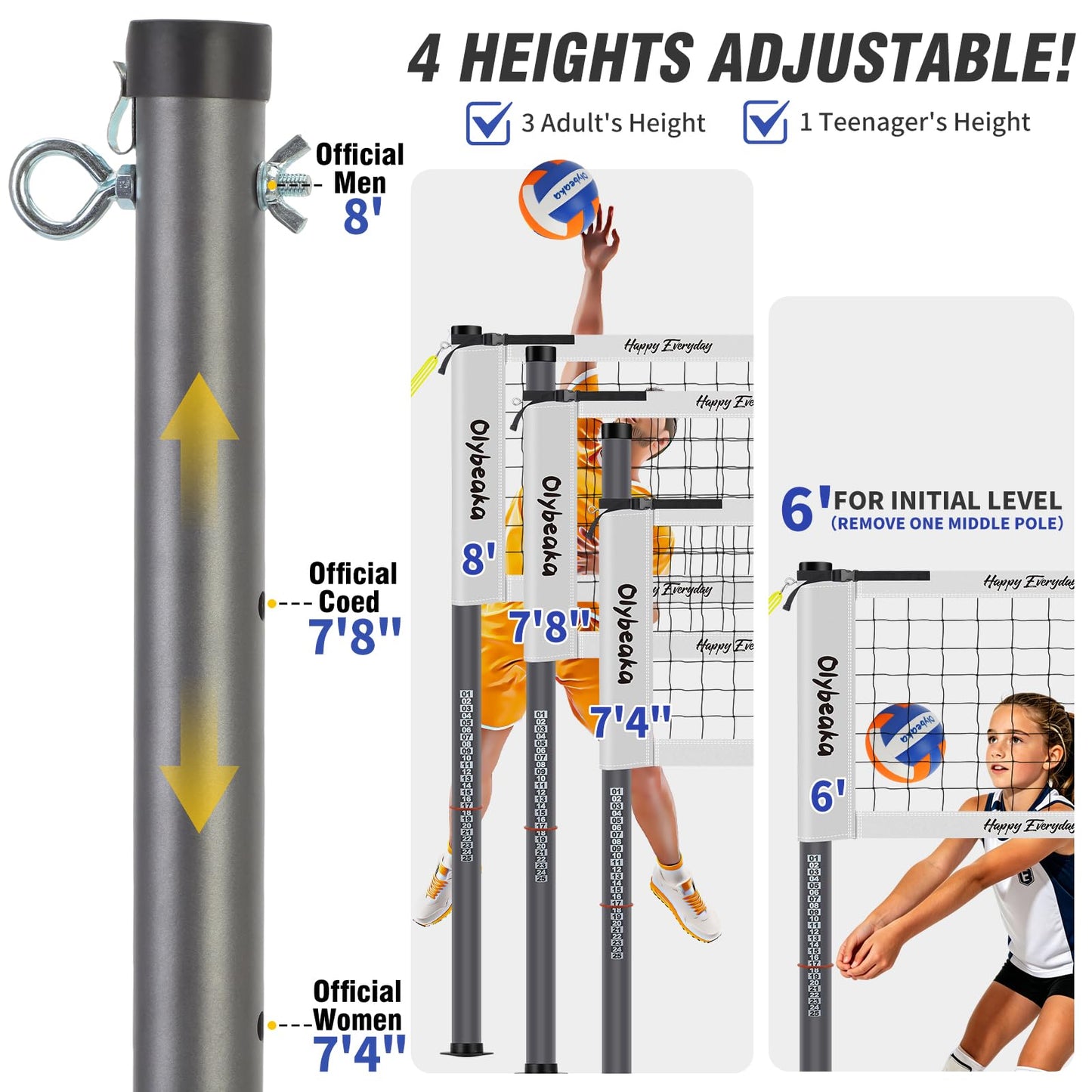 32ft / 20ft Portable Outdoor Volleyball Net Set for Grass Backyard Beach with 1.25" Height Adjustable Steel Poles, 28-ply Durable PE Net, PU Volleyball & Pump, Carry Bag (White, 32ft)