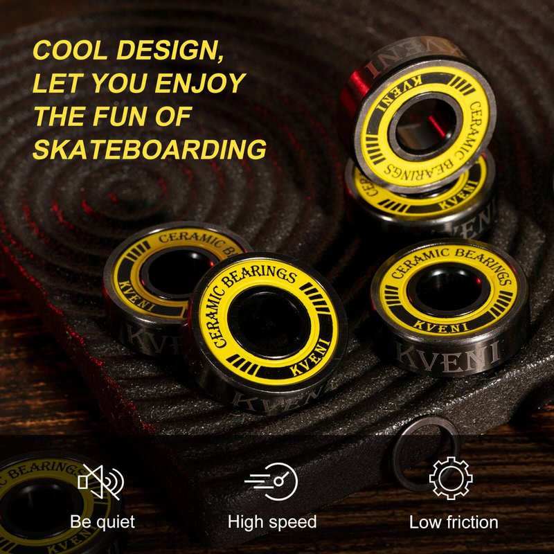 KVENI ABEC 9 Skateboard Bearings - Premium 608rs Ceramic Ball Bearings with Titanium Coating - Fast Spin Longboard Bearings Set (8-Pack + Washers + Spacers)