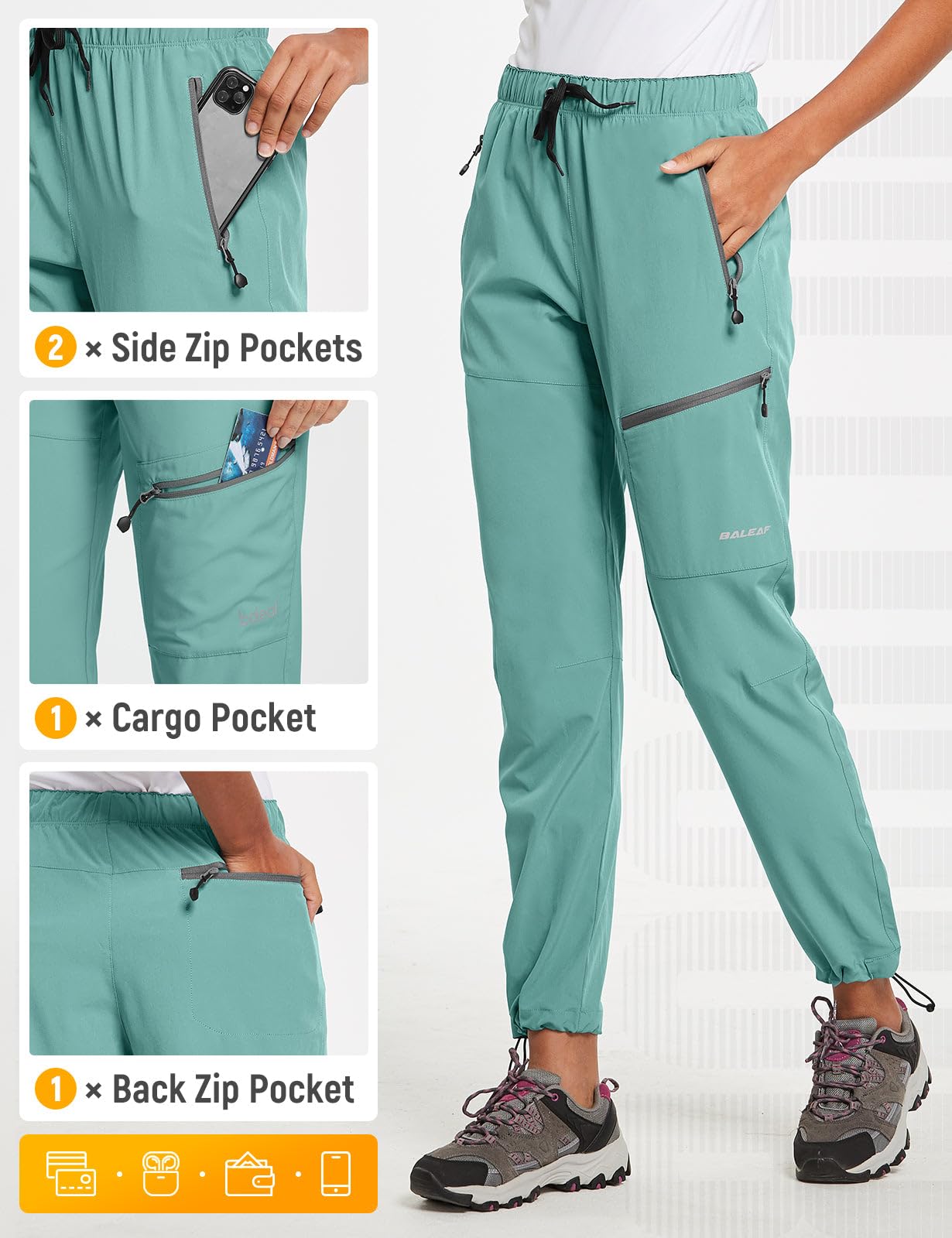 baleaf Women's Hiking Pants Quick Dry Lightweight Water Resistant Stretch Cargo Pants with Zipper Pockets Travel Camping 29''-Pond L
