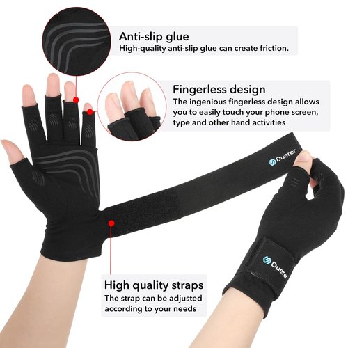 Duerer Arthritis Compression Gloves with Straps, Women Men for RSI, Carpal Tunnel, Rheumatoid, Tendonitis, Hand Pain, Hand Support. Fingerless Gloves for Computer Typing and Daily work (Black, M)