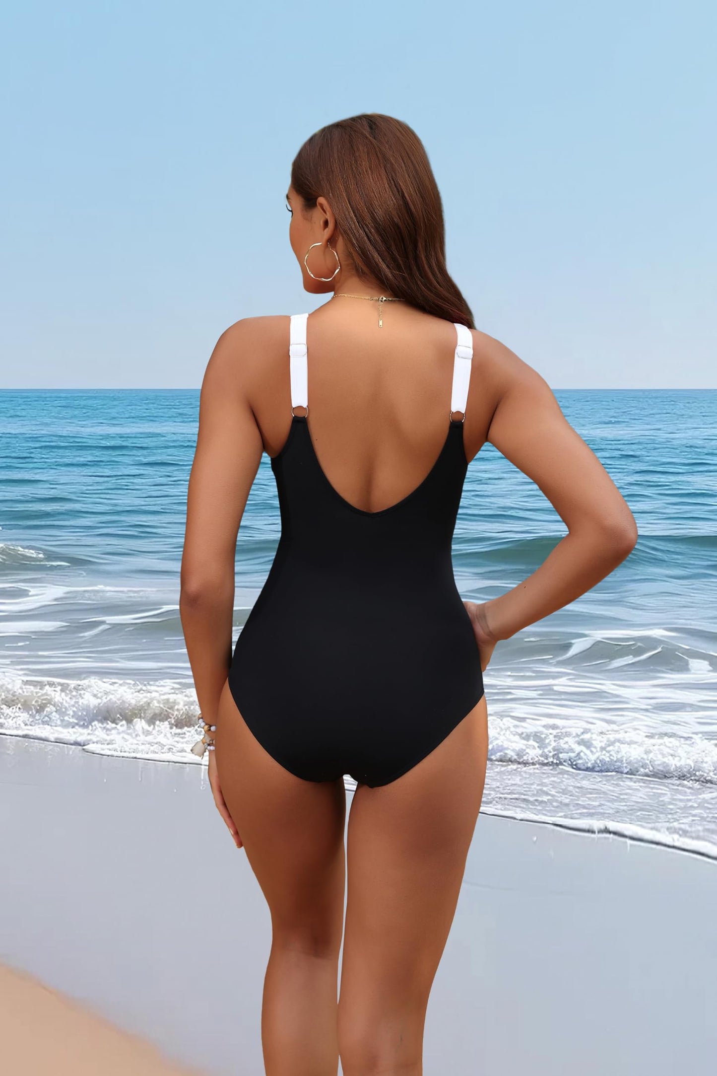 Holipick Black and White Women Tummy Control One Piece Swimsuit - Push Up Bathing Suit Full Coverage Slimming Swimwear S