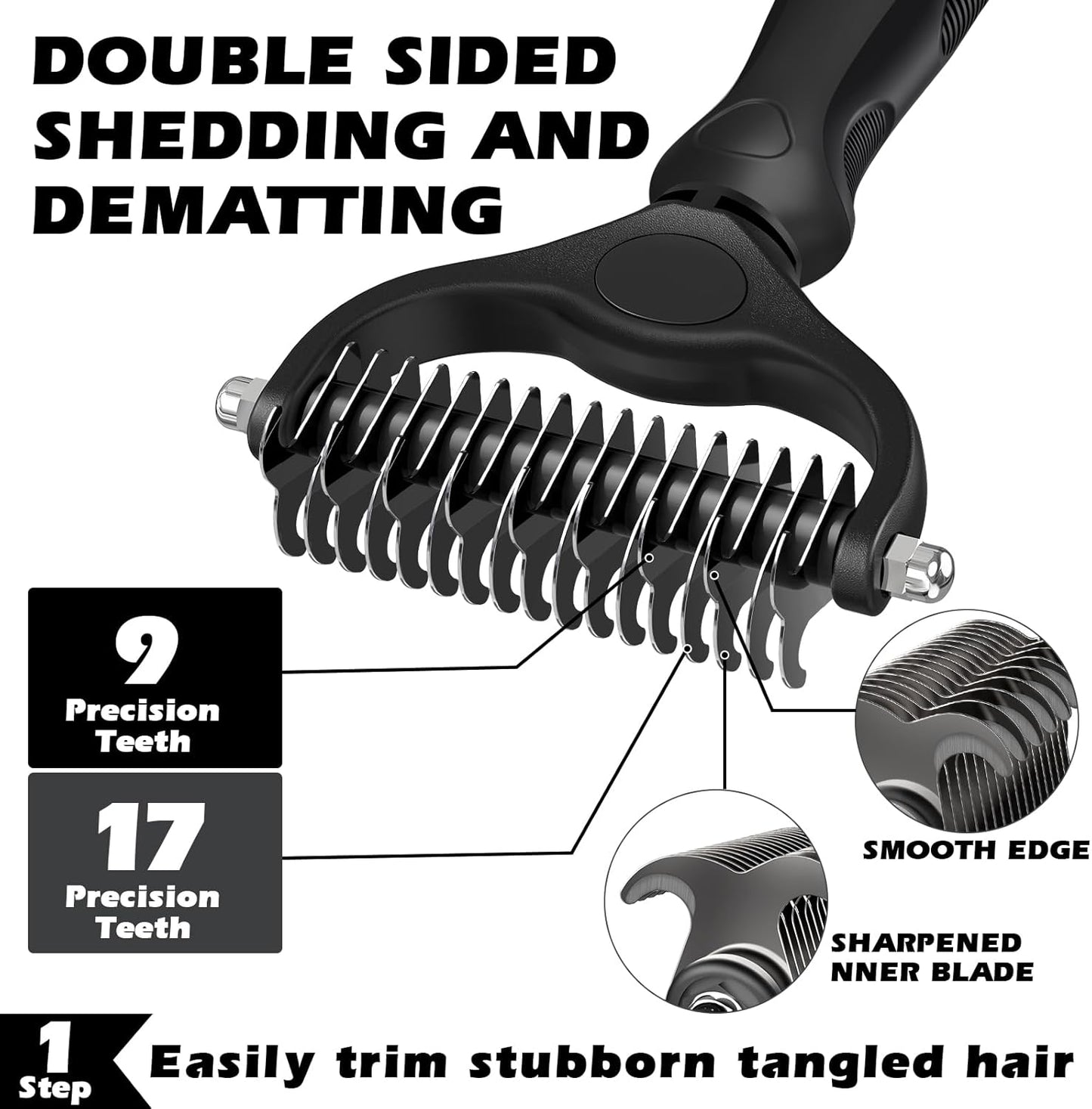 Skiennix Self-Cleaning Slicker Brush Set - Pet Grooming Rake & Flea Comb for Dogs, Cats, Horses | Double-Sided Dematting Tool | Premium Black