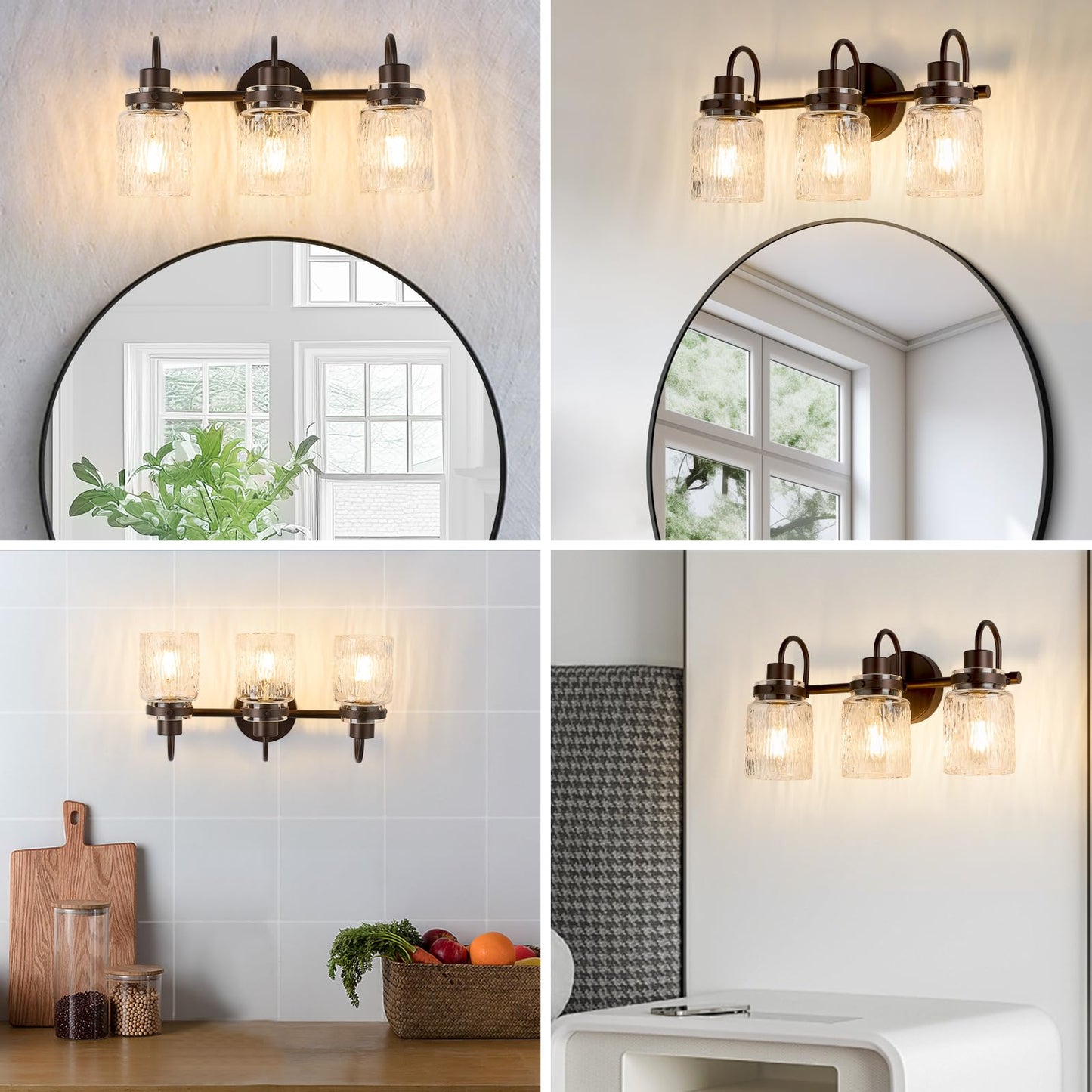 AMRUIPO 3 Lights Bathroom Vanity Light, Oil Rubbed Bronze Bathroom Light Fixtures with Hammered Glass Lampshade for Dressing Table,Over Mirror,Hallway