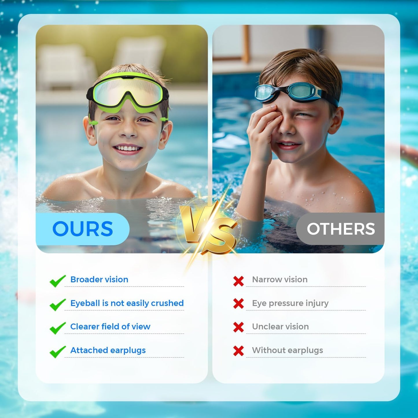 Skiennix Swim Goggles for Kids 3-15 | Anti-Fog & UV Protection | Large Frame with Earplugs - 2PCS