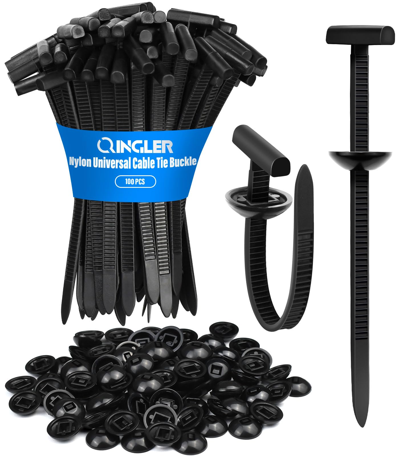 QINGLER 100PCS Nylon Universal Cable Tie Buckle, Upgrade Both-side Self-Locking Zip Tie Clips, Auto Parts Fastener for Car Fender Trunk Repair, Bumper Retainer, Wire Bundling