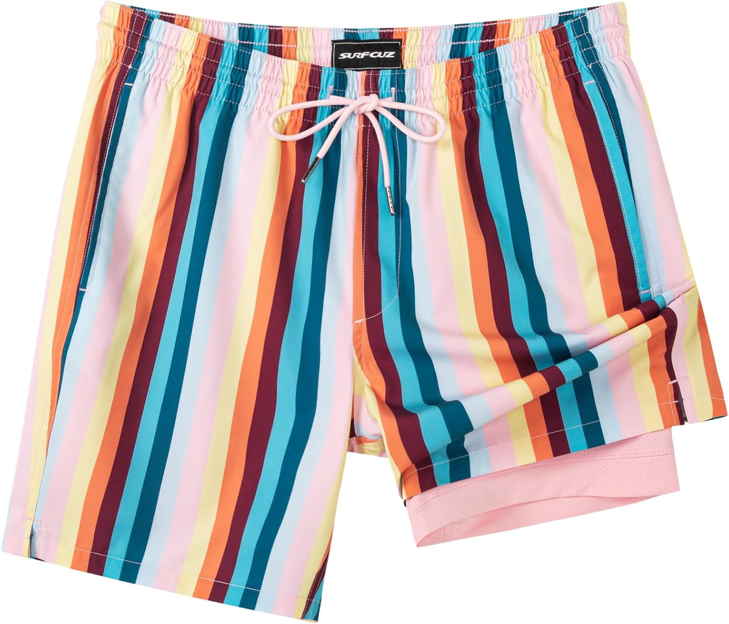 Surf Cuz Men's Swim Trunks - Quick Dry Compression Liner with Zipper Pockets | Vintage Stripes, XS