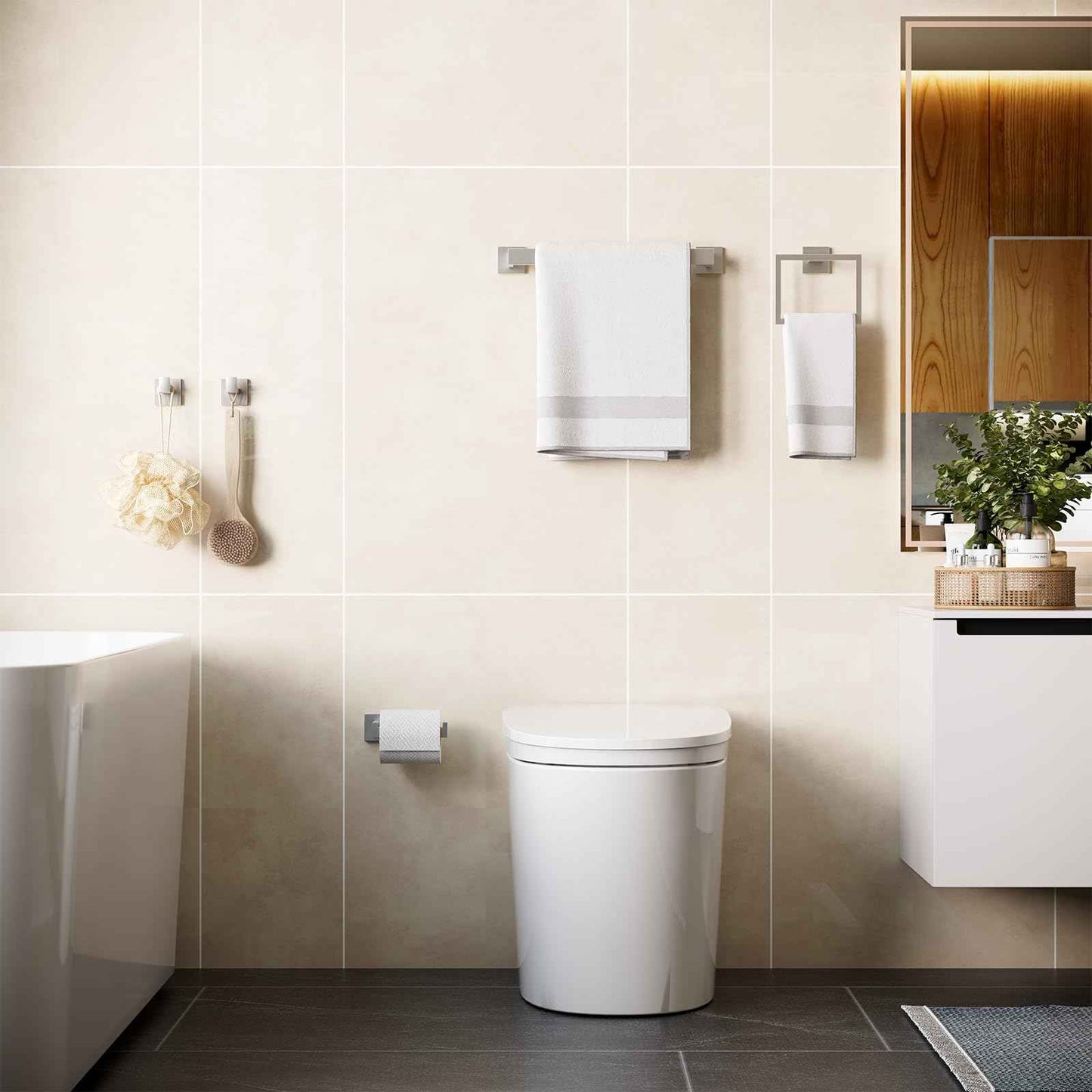 HAWKROWN 5-Pieces Bathroom Hardware Set, SUS304 Stainless Steel Wall Mounted 16 Inch Hand Towel Bar, Toilet Paper Holder, Towel Ring, Towel Hooks, Bathroom Towel Bar Set, Brushed Nickel