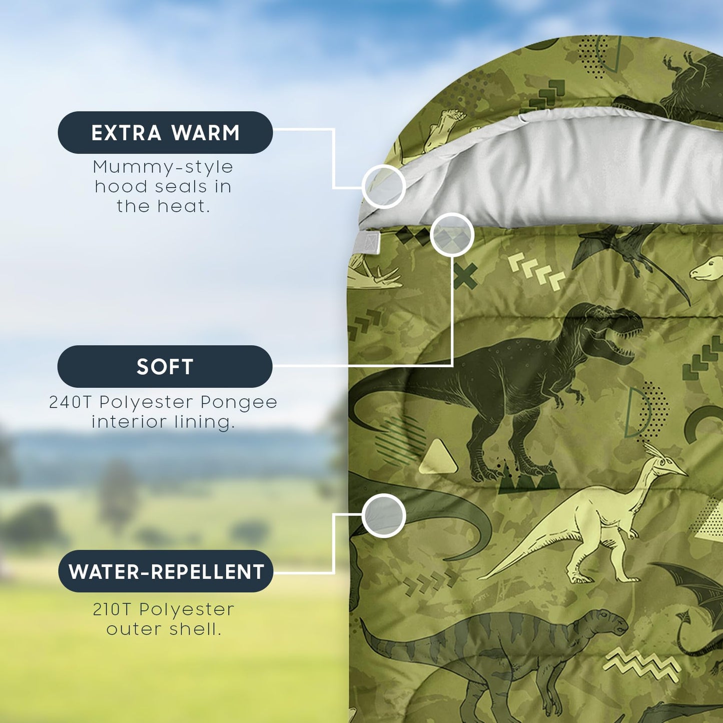 Wake In Cloud - Kids Sleeping Bag for Boys Toddlers, Camping in Warm Cold Weather, Backpacking Lightweight Compact Outdoor Liner for 3 Seasons, Colorful Dinosaur Graffiti, Army Green