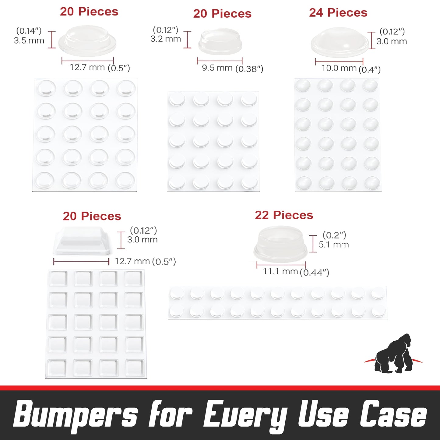 White Adhesive Bumper Pads 106-PC Combo Pack (Round, Spherical, Square) - Sound Dampening Transparent Rubber Feet for Cabinet Doors, Drawers, Glass Tops, Picture Frames, Cutting Boards