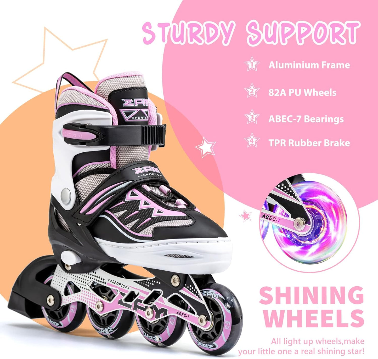 2PM SPORTS Cytia Pink Girls Inline Skates - Adjustable With Light-Up Wheels for Fun & Safety