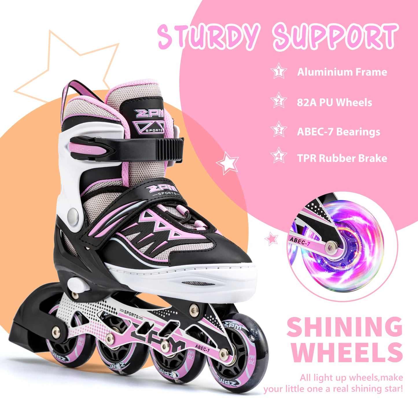 2PM SPORTS Cytia Pink Girls Adjustable Illuminating Inline Skates with Light up Wheels, Fun Flashing Beginner Roller Skates for Kids (Pink, Medium - Big Kid (13C-3 US))