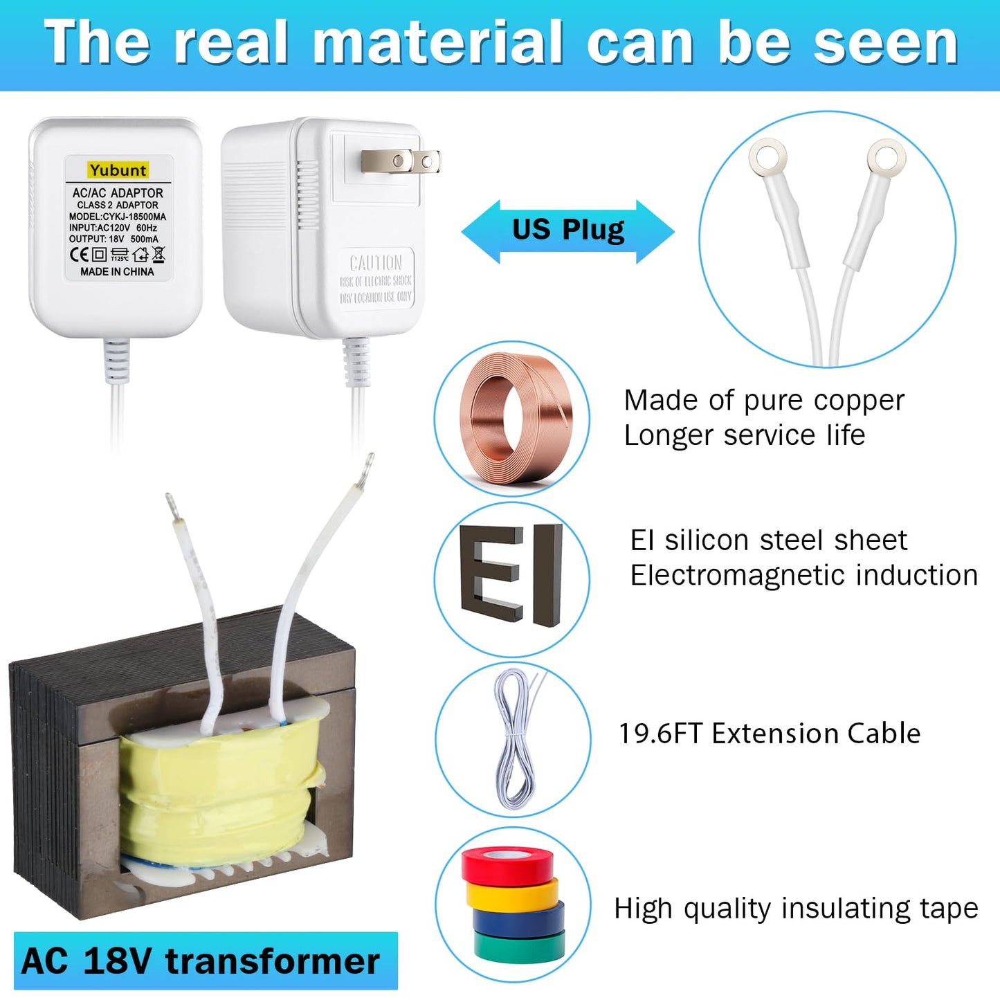 18V 500mA Doorbell Transformer, Video Doorbell Power Adapter Compatible with Nest, Wyze, Eufy, Ring, and Arlo Wireless Video Doorbells. White-1Pcs (19.6Ft Power Cord)