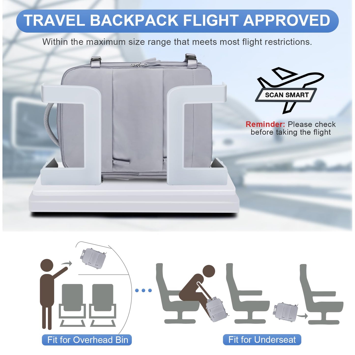 Grey Travel Backpack - Carry On Flight Approved Mochila De Viaje Personal Item - Large Backpack for Men & Women - 18x14x8 Inches