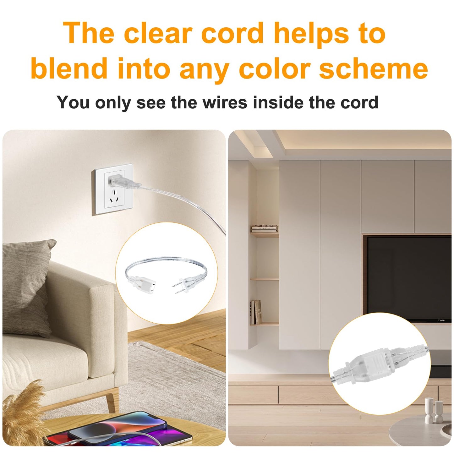 Rkoyes 2 Pack 1 Foot Short Clear Extension Cord Indoor Thin, Single Outlet Plug, Polarized Male-Female, Small Invisible Two Prong Extension Cord 1 FT with UL-Certified, 2 x 18AWG, 250V 7.5A