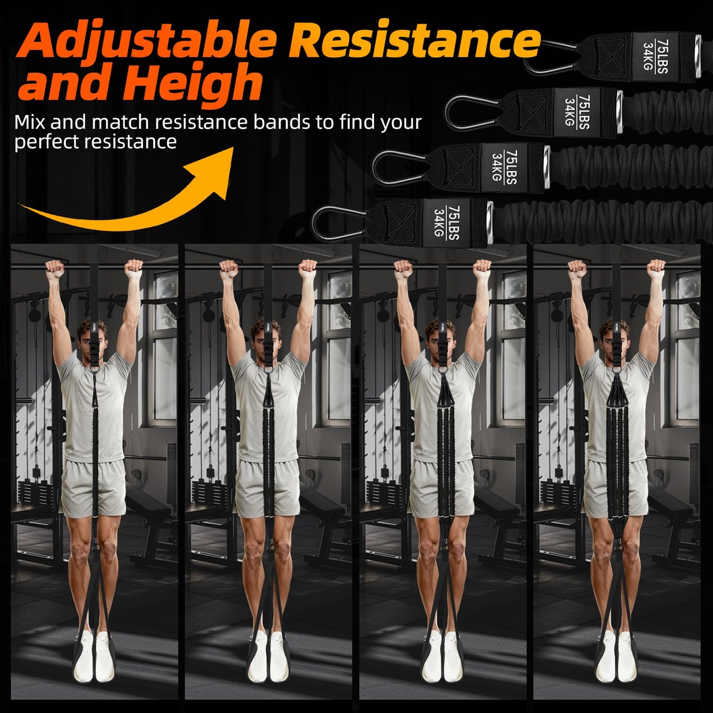 TB3C Pull Up Assistance Bands, Adjustable Heavy Duty Resistance Band for Pull Up Bar with 4 Assist Bands, Dual Footrests, Resistance Bands for Ｗorking Out, Strength Training, Home Gym(Black)