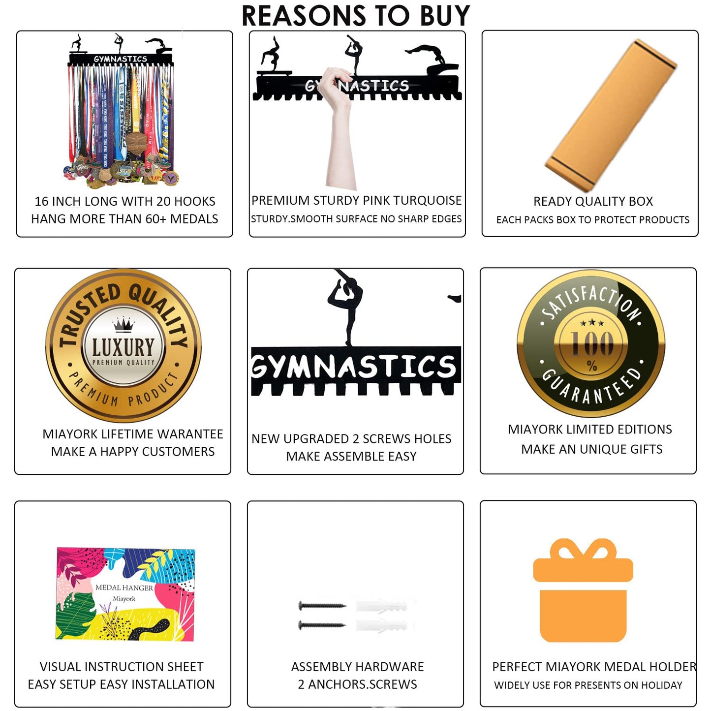 Miayork Gymnastics Medal Hanger Display - Sturdy Gymnastics Medal Display Easy to Install-Gymnastics Medal Holder Wall Hanger for Sports, Gymnastic Medal Hanger Display Gifts