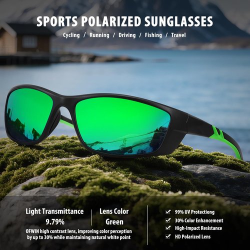 Ofwin Sports Polarized Sunglasses for Men Women UV Protective Driving Running Cycling Fishing Sun Glasses Matte Black Frame/Green Mirror Lens