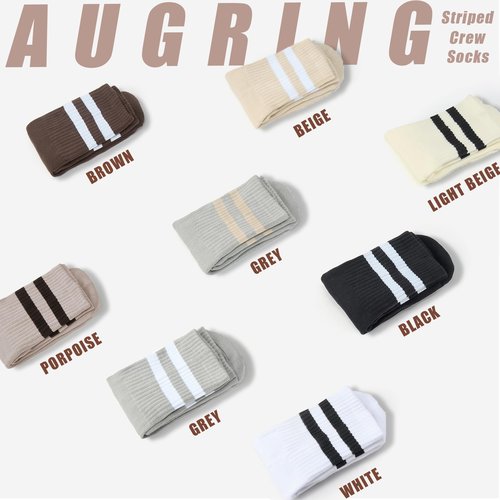 AugRing Women's Striped Cotton Crew Socks Cozy Casual Athletic Quarter Socks for Running & Gym Size 5-11 (US, Numeric, 5, 10, Regular, Regular, 4 Pairs-Light Beige/Grey/Porpoise/Black, Non-Cushioned)