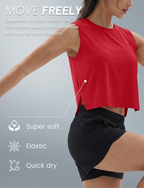 MAGCOMSEN Women's Crop Workout Tank Top - Sleeveless Loose Fit Gym & Yoga Top with Side Slits