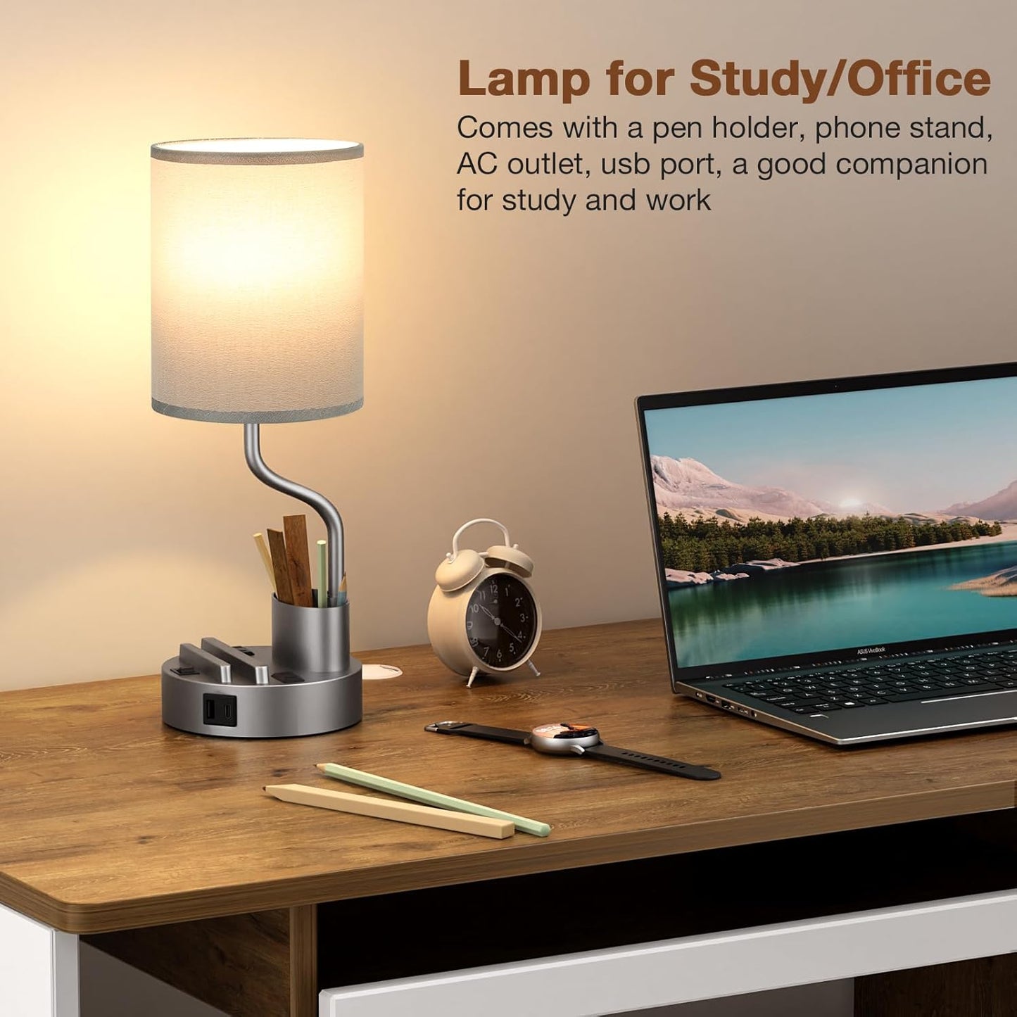 Set of 2 Bedside Table Lamps with USB & AC Outlet - 3 Color Temperatures, Desk Light & Phone Stand for Bedroom, Living Room, Office