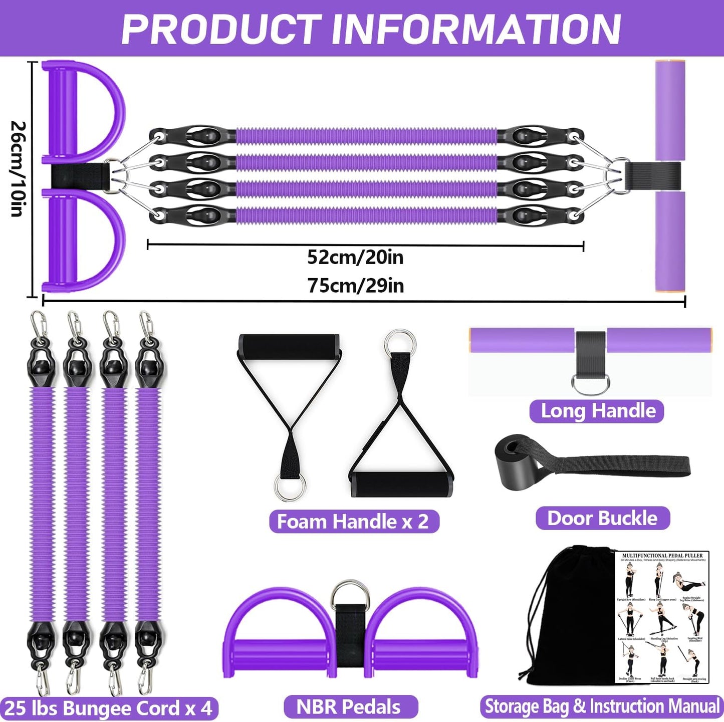 Skiennix Adjustable Foot Pedal Resistance Band - 4-Tube Ankle Puller for Full Body Workouts | Purple