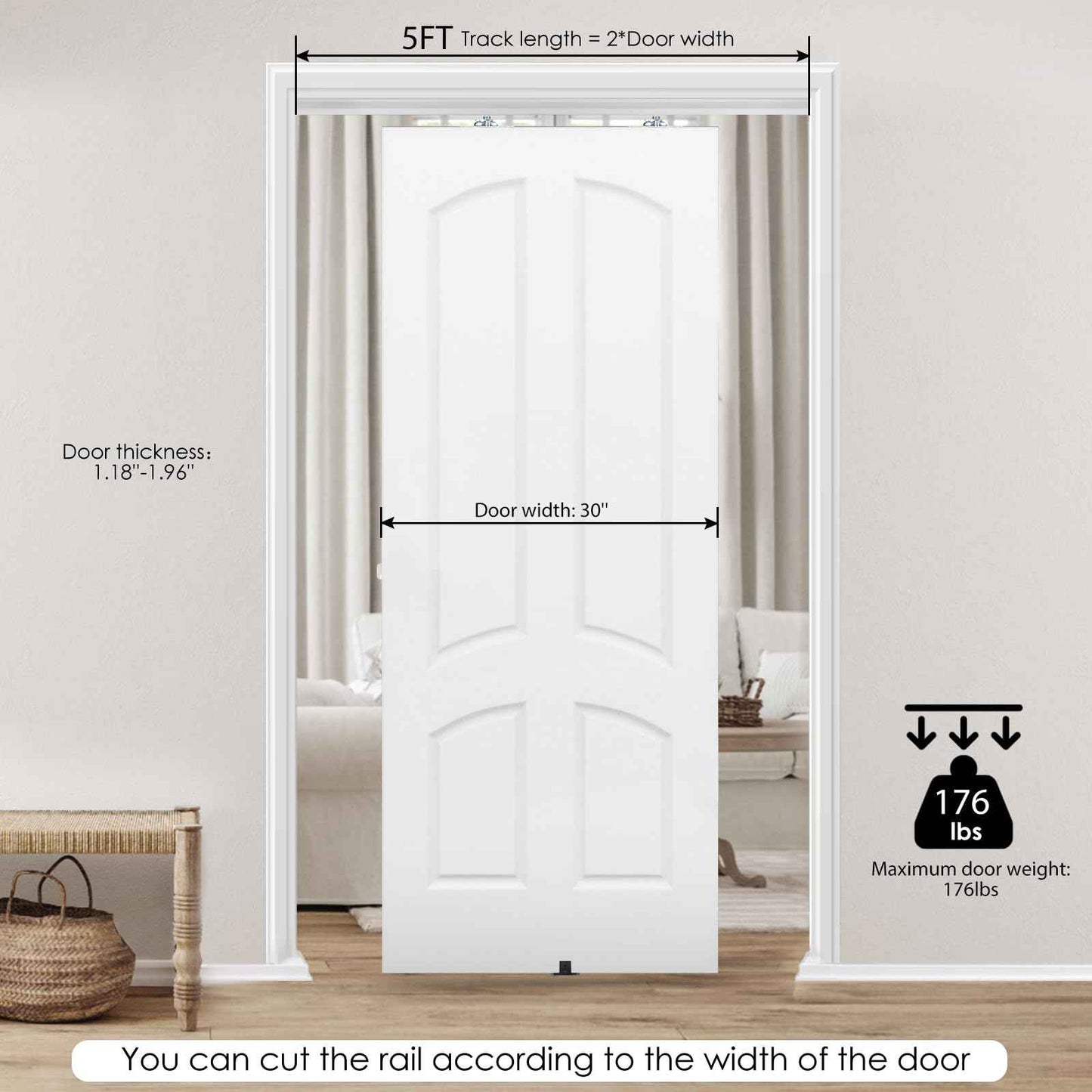 MaxxGeek 5FT/60in Sliding Pocket Door Hardware and Track Set,Soft Close Aluminum Box Sliding Door Rail Track Kit,Smoothly and Easy to Install,60" Track Kit for 23"-30" Wide Single Door