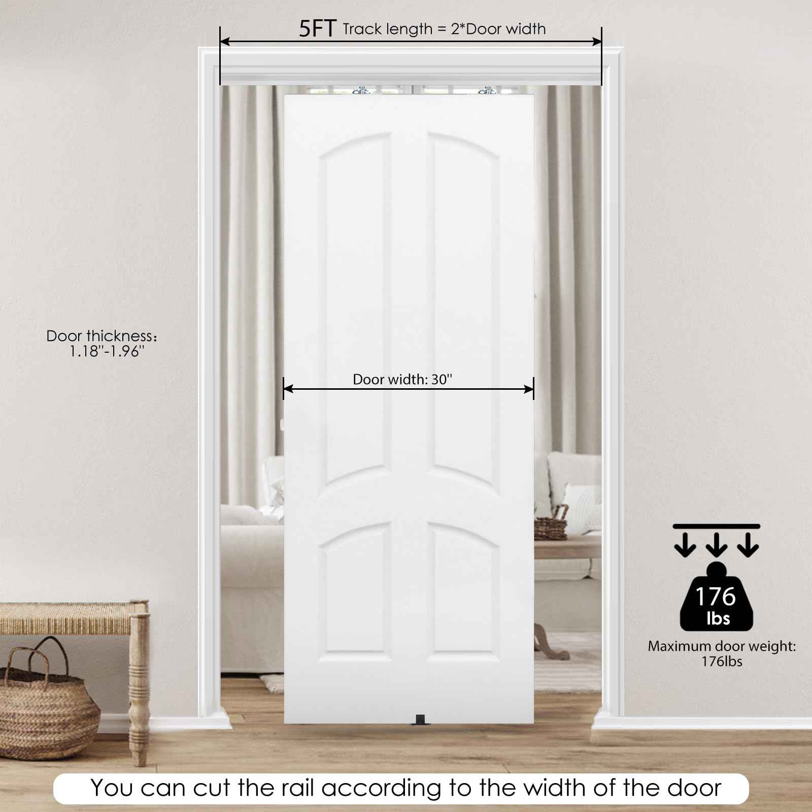 MaxxGeek 5FT/60in Sliding Pocket Door Hardware and Track Set,Soft Close Aluminum Box Sliding Door Rail Track Kit,Smoothly and Easy to Install,60" Track Kit for 23"-30" Wide Single Door