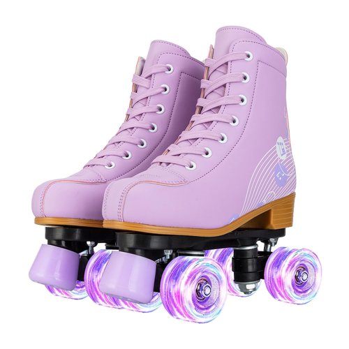 Gets Roller Skates for Girls and Women, PU Leather Light Up Outdoor Kids Roller Skates, Cute Four-Wheel Beginner Roller Derby Skates Girls Ages 8-12(Purple,36)
