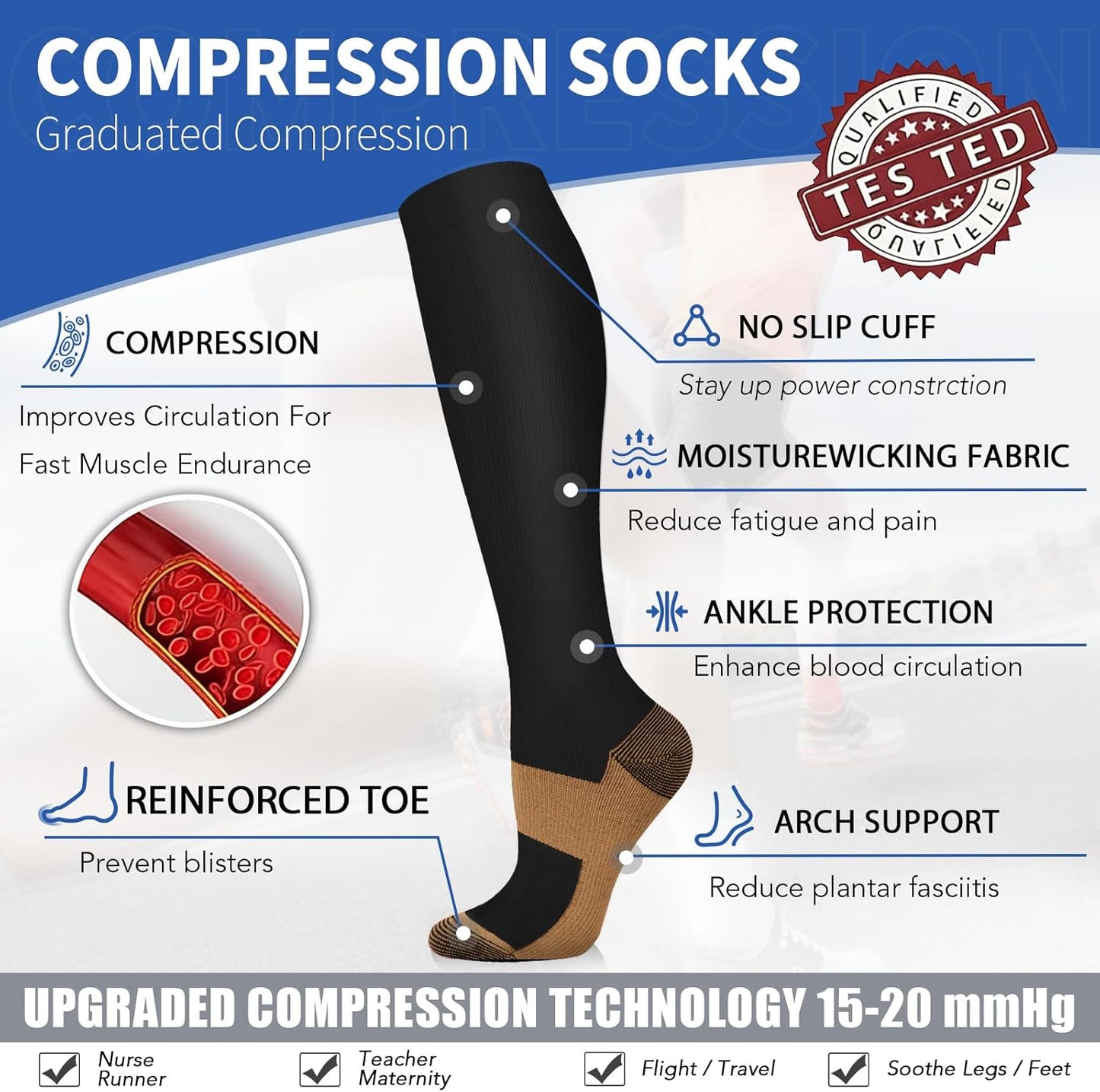 Sooverki Copper Compression Socks - 8 Pack Knee High Stockings for Men & Women | 15-20mmHg Support for Running
