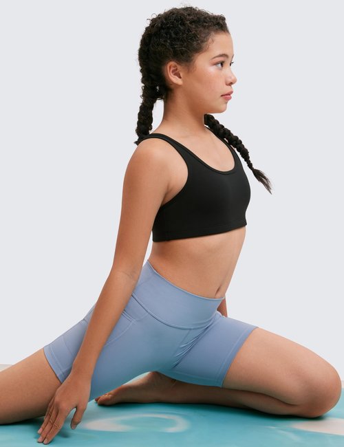CRZ YOGA Girls Butterluxe Racerback Sports Bra - Yoga Athletic Casual Tops Scoop Neck Padded Crop Kids Teen Black Medium