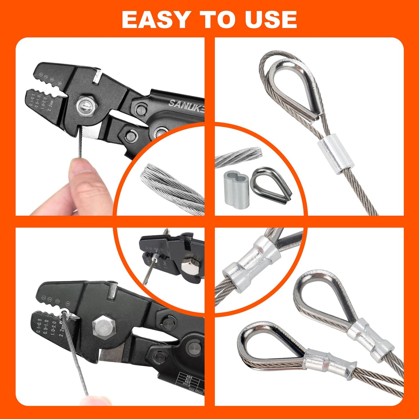 Sanuke Wire Rope Crimping Tool for 3/64 1/16 5/64 inch Aluminum Crimping Loop Sleeves Kit with 160pcs Aluminum Crimping Loop Sleeve and 10pcs Stainless Steel Thimble