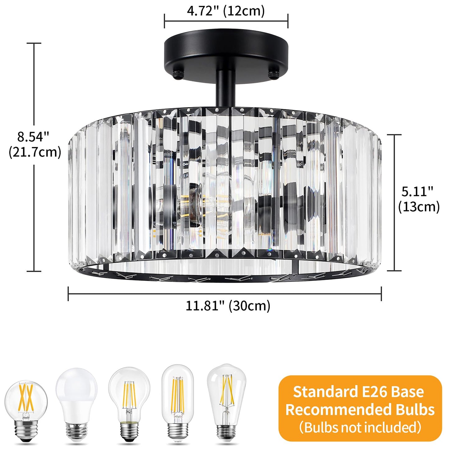 TOULMJ Crystal Ceiling Light, 3-Light Semi Flush Mount Ceiling Lighting Fixture, Black Round Hallway Light Fixtures for Kitchen Entryway Bedroom Laundry Room