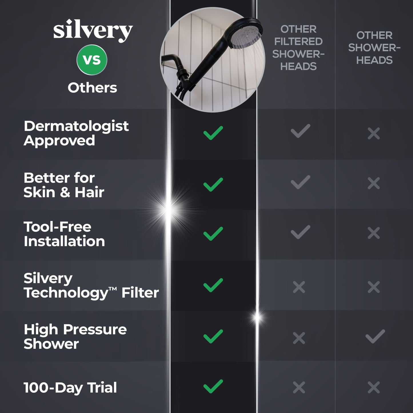 Silvery High Pressure Filtered Shower Head - Dermatologist-Approved Clean Water with Silvery Technology™ Filter - Showerhead Removes Impurities for Healthier Skin, Hair, Scalp (Handheld Showerhead)