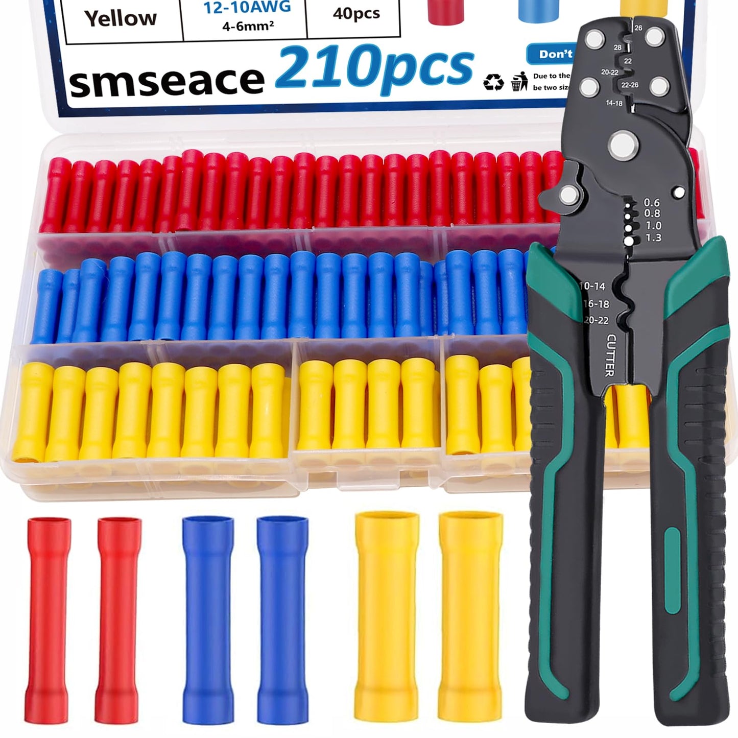 smseace 210PCS Wire Butt connectors with Wire stripper crimping tool22-10AWG Butt Splice Connectors Insulated Electrical Butt connectors Straight Wire Terminal Connectors