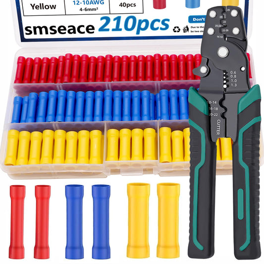 smseace 210PCS Wire Butt connectors with Wire stripper crimping tool22-10AWG Butt Splice Connectors Insulated Electrical Butt connectors Straight Wire Terminal Connectors