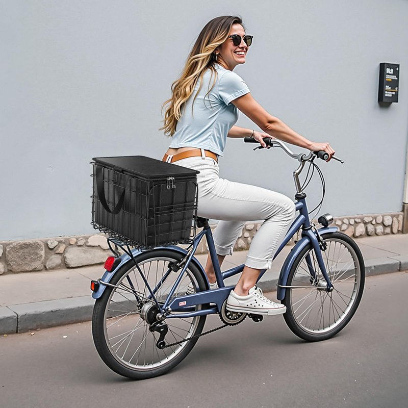 VEVOR Rear Bike Basket, Folding Wire Bicycle Basket with Cargo Net, Removable Liner Bag & Waterproof Cover, Quick Release Design Bike Basket for Adult Women/Men Carrying Dogs Pets Fruit & Grocery