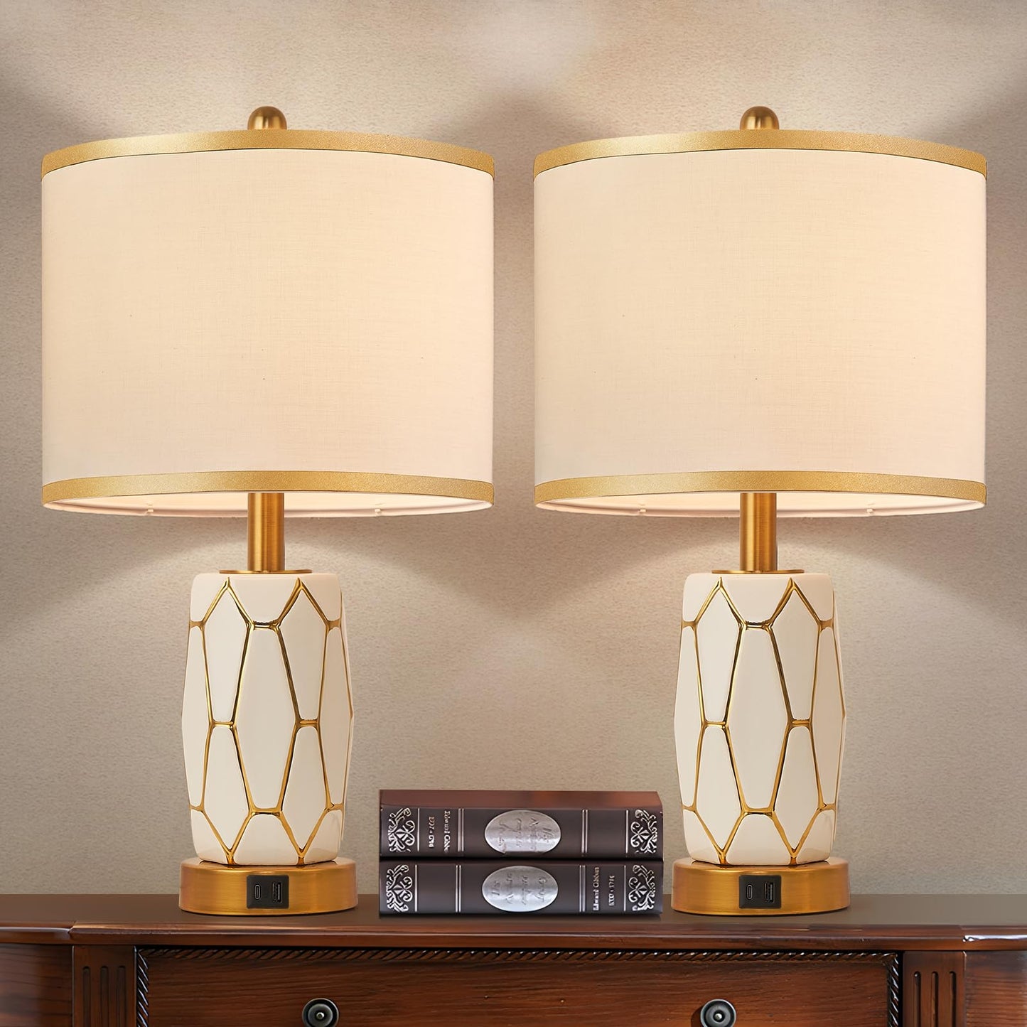 workluurop Set of 2 Touch Control Ceramic Table Lamps for Bedroom Livingroom,Modern Black/White, with USB Ports,Bedside Nightstand Lamp with Fabric Drum Lampshade,Blubs Included (White)