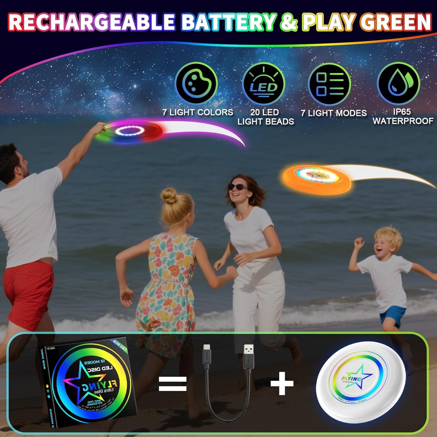 Skiennix LED Light Up Flying Disc | 7 Color Modes | Rechargeable & Lightweight | Perfect for Outdoor Fun