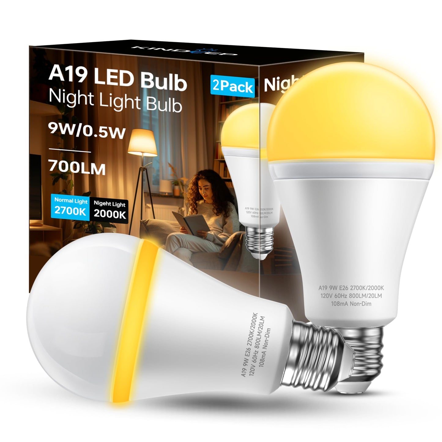 KINDEEP Sleep Night Light Bulbs: E26 Blue Light Blocking Dim Bulbs with 2 Modes, 0.5W Amber Lights with 20lm 2000K, 9W Equivalent 60W, 800lm 2700K, Ideal for Lamp, Bedroom, Sleep & Nursery, 2 Pack