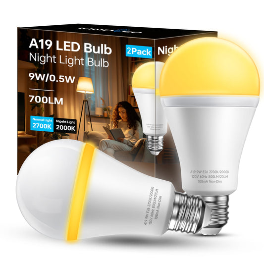 KINDEEP Sleep Night Light Bulbs: E26 Blue Light Blocking Dim Bulbs with 2 Modes, 0.5W Amber Lights with 20lm 2000K, 9W Equivalent 60W, 800lm 2700K, Ideal for Lamp, Bedroom, Sleep & Nursery, 2 Pack