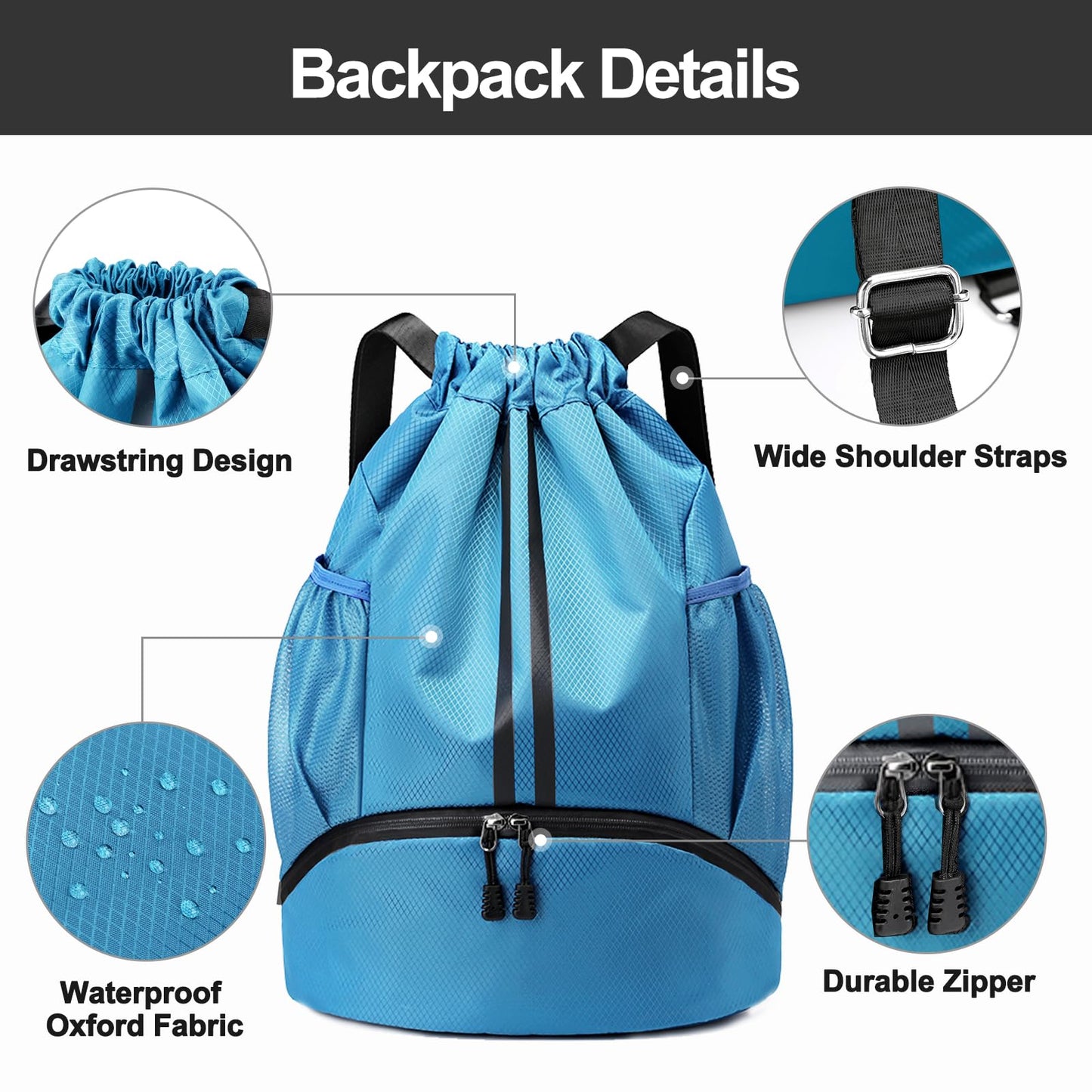 Sports Drawstring Backpack - Swim Gym Bag for Women and Men, Sky Blue