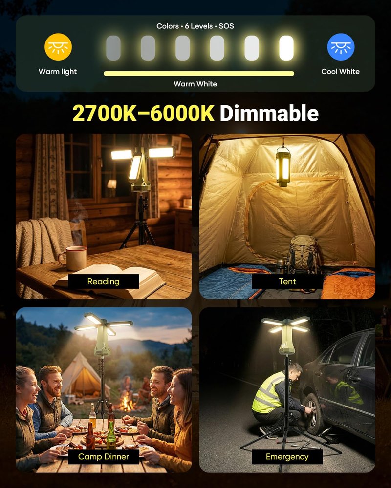SakerNeo Portable Camping Light with Stand 67'' Rechargeable Work Light - 6500Lumen, 20000mAh Battery, 2700K-6000K Dimmable Camping Lattern with Magnetic Base for Camping, Garage, Emergency