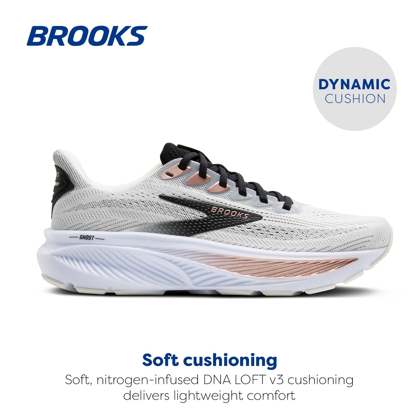 Brooks Women’s Ghost 17 Neutral Running Shoe - White/Black/Rose Gold - 7 Medium