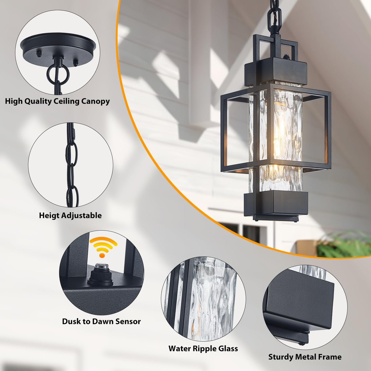 AIBISOD 17" Outdoor Chandelier Pendant Light Fixture for Porch, Modern Black Dusk to Dawn Exterior Hanging Pendant Lantern with Water Glass, Bulb Included, Perfect for Front Porch Door Entrance Foyer